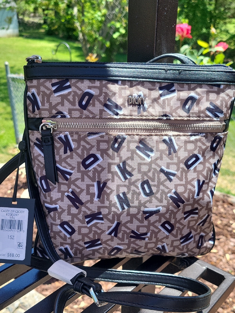 DKNY Beige and Black Logo Print Crossbody Messenger Bag